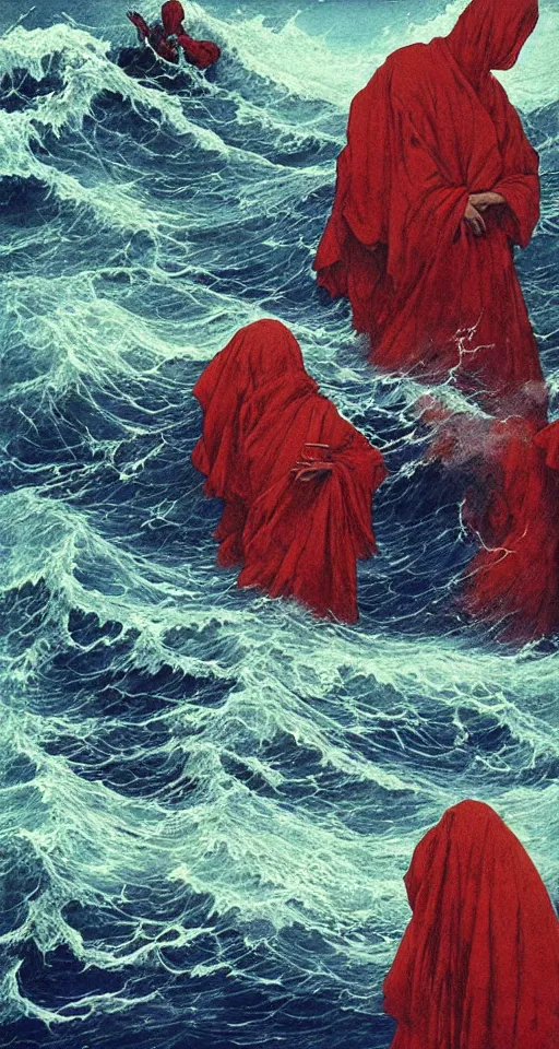 Prompt: worshippers in robes belonging to the cult of the ocean surfing in waves, on a shore, high detatiled beksinski painting, part by adrian ghenie and gerhard richter. art by takato yamamoto. masterpiece, deep colours, blue