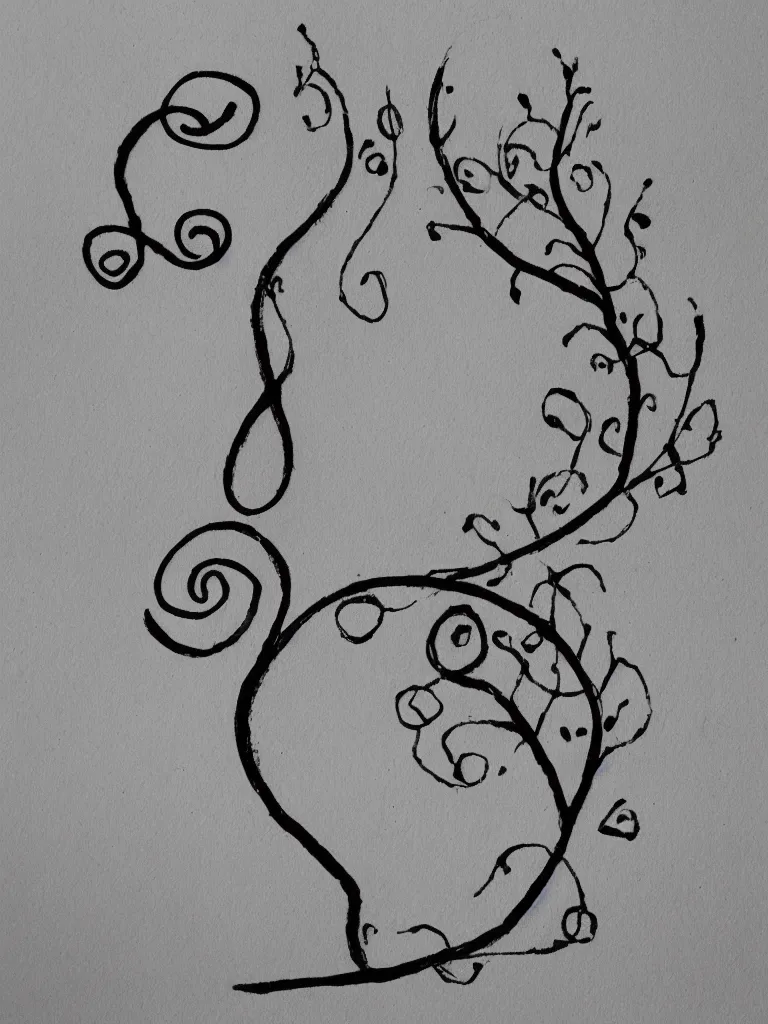 Image similar to single line ink pen drawing of an acorn that turns into a tree in the shape of a treble clef with a few scattered leaves, simple and clean thick lines