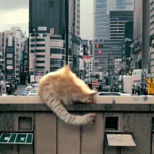 Image similar to a giant cat wrecking downtown tokyo, cinematic movie still