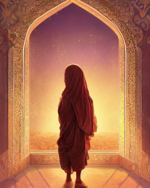 Image similar to a faceless bedouin child infront of a big open quran highly detailed, gold filigree, romantic storybook fantasy, soft cinematic lighting, award, disney concept art watercolor illustration by mandy jurgens and alphonse mucha and alena aenami, pastel color palette, featured on artstation