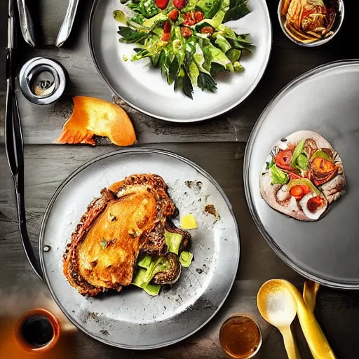 Prompt: gourmet food made from car parts, award winning food photography