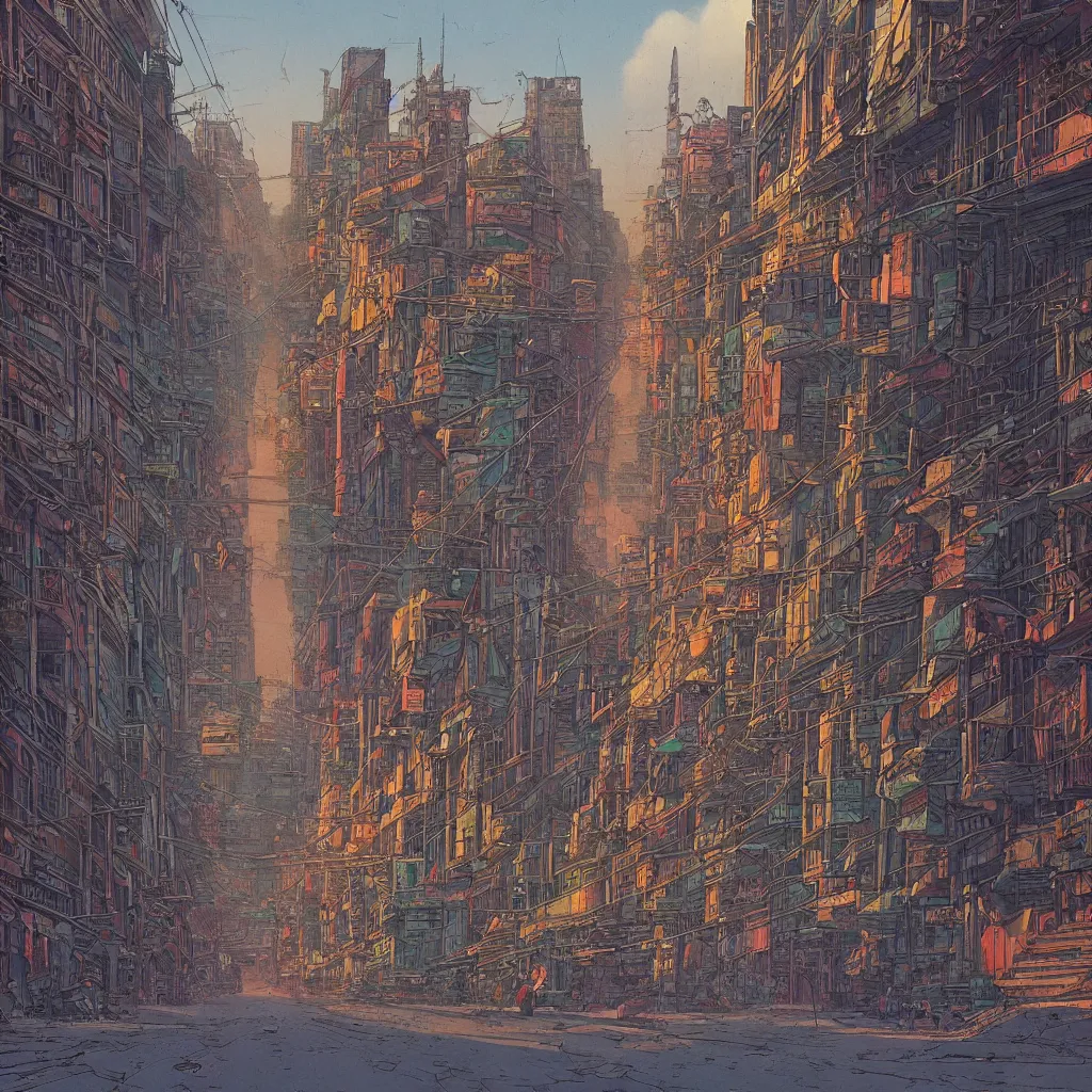 Prompt: desolate dhaka city street in the style of Jean Giraud Moebius, 4K