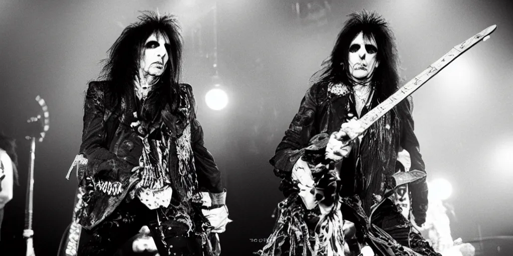 Image similar to Alice cooper on stage by terry gillam, detailed, weird, surrealistic,