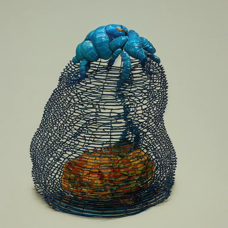 Image similar to hyperrealistic sculpture of a coccyx worm hermit crab dusted with saffron and deep blue and hunter green spraypaint in a grid cage on a pedestal by ron mueck and duane hanson and lee bontecou, hyperrealistic dramatic colored lighting trending on artstation 8 k