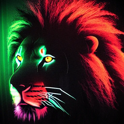 Prompt: black canvas, lion, neon lights, strawberry, dj, volumetric lighting