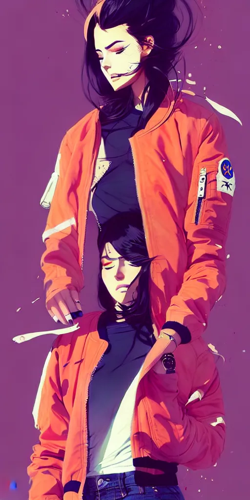 Image similar to a ultradetailed beautiful painting of a stylish woman wearing a bomber jacket, by conrad roset, greg rutkowski and makoto shinkai trending on artstation