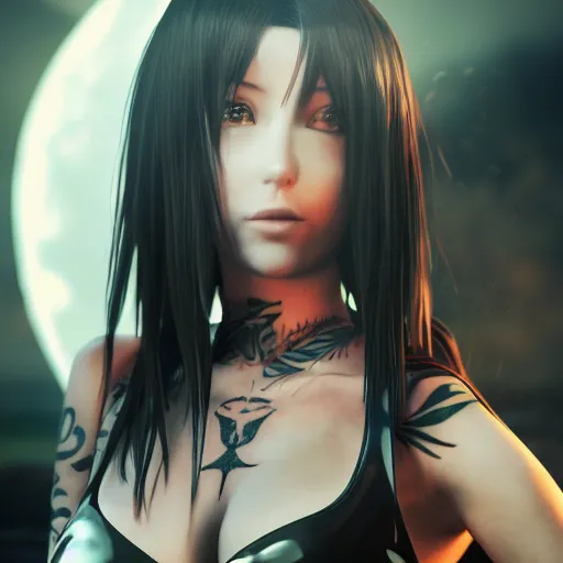 Image similar to tifa lockheart, sacred tattoos, playing in a lagoon, magical moon shines overhead, cinematic shot in the style of anime, cinematic lighting, hyperdetailed, 8 k realistic, symmetrical, global illumination, mysterious light, cryengine 5, dof, trending on artstation, trending on deviant art, digital art, chanel