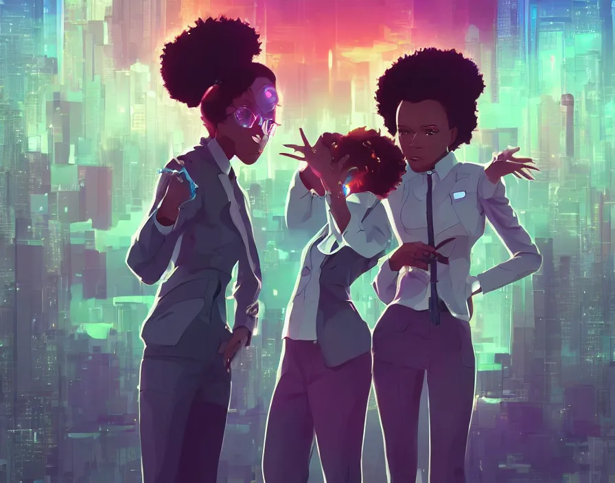 Prompt: afro - futuristic professionals, business attire and confidence, hacking the multiverse of possibilities | hyperrealistic digital art | by makoto shinkai, ilya kuvshinov, lois van baarle, rossdraws | afrofuturism, in the style of boondocks, trending on artstation | dark color scheme