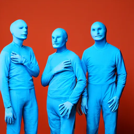 Image similar to blue man group wearing all blue, in blue hour lighting, feeling blue, listening to eiffel 65's song called 'blue'