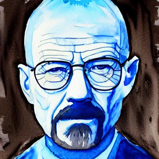 Prompt: a watercolor style paintin of walter white, blue background.