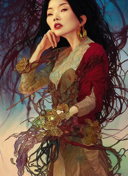 Image similar to oriental witch in elder ring by stanley artgerm lau, greg rutkowski, thomas kindkade, alphonse mucha, loish, norman rockwel