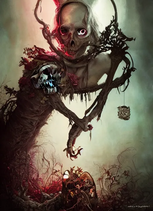 Image similar to Alice in Wonderland,death tarot card,half skull face,highly detailed,cinematic,8k,by Stanley Artgermm,Tom Bagshaw,Greg Rutkowski,Carne Griffiths, Ayami Kojima, Beksinski, Giger,Anne Stokes, Benjamin Lacombe,trending on DeviantArt,hyper detailed,horror, full of colour