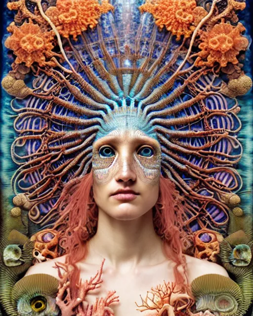 Image similar to hyperrealistic detailed underwater face portrait of the beautiful goddess of the fish skeletons with an intricate headgear of corals, sea kelp, sea plants, fish, starfish, jellyfish, art by ernst haeckel, john william godward, android jones, alphonso mucha, gothic - cyberpunk, ornamental, beautiful deep colours,