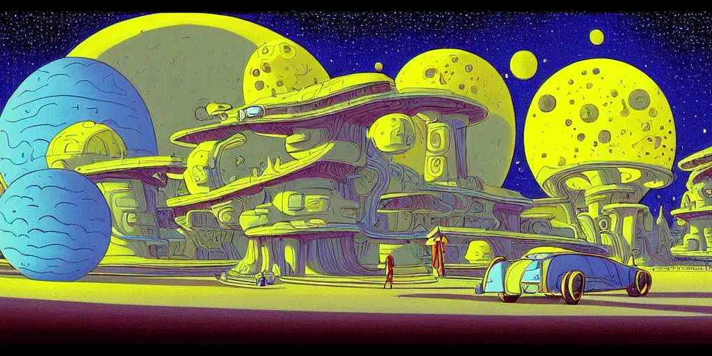 Prompt: traditional drawn colorful animation a car with solo man to valley symmetrical architecture on the ground, space station planet afar, planet surface, ground, tree, outer worlds extraterrestrial hyper contrast well drawn Metal Hurlant Pilote and Pif in Jean Henri Gaston Giraud animation film The Masters of Time FANTASTIC PLANET La planète sauvage animation by René Laloux