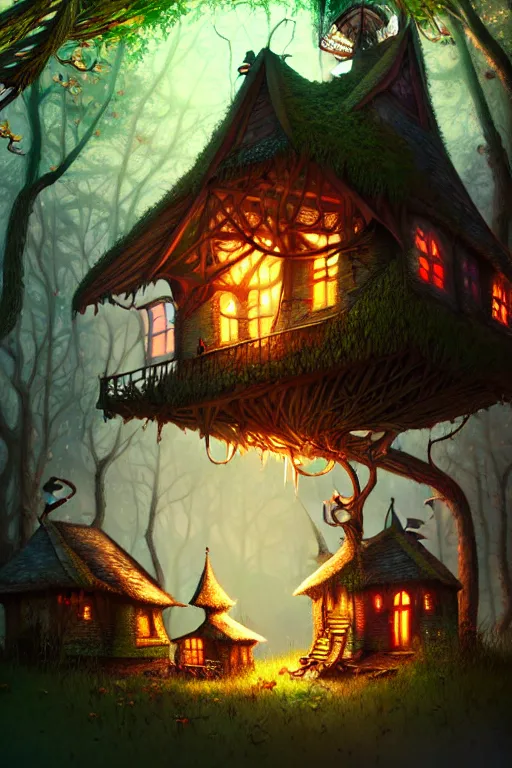 Image similar to a storybook illustration of a ramshackle multistory fairytale hut in the forest, intricate, elegant, fantasy, highly detailed, digital painting, concept art, sharp focus, artstation