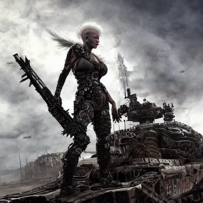 Prompt: beautiful apocalyptic woman with mohawk, standing on mad max panzer tank, hyper-detailed, smooth, sharp focus, 4k ultra hd, fantasy dark art, tank girl, artgerm, artstation, octane render, elegant, detailed digital painting, apocalyptic art, Francis bacon, gears of war, unreal engine, 3d depth map