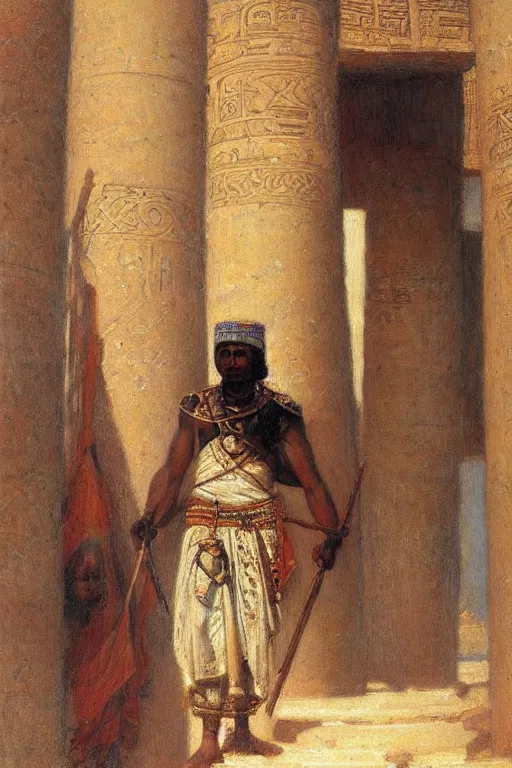 Prompt: portrait of an ancient nubian temple guard in old egypt. art by gaston bussiere.