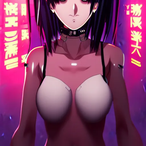 Prompt: female cyberpunk anime girl, yellow eye and red eye, symmetrical faces and eyes symmetrical body, middle shot waist up, Madhouse anime studios, Black Lagoon, Perfect Blue, Wit studio anime, studio lighting
