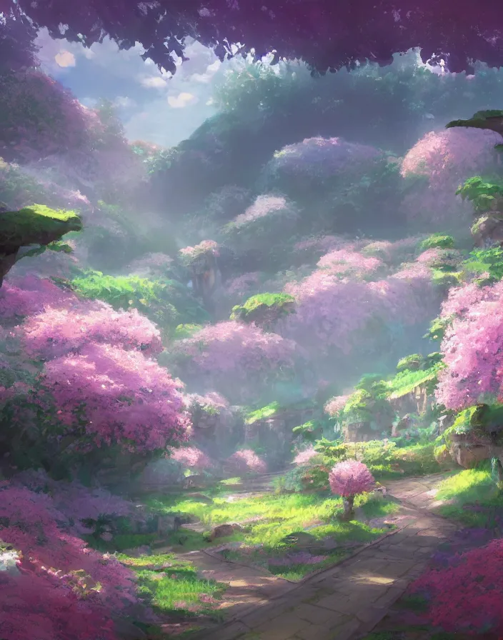 Prompt: beautiful flower valley, concept art, daytime ethereal anime, high detail Impressionist style, dreamy light color palette, style of studio ghibli, concept art stunning atmosphere, trending on artstation, volumetric light