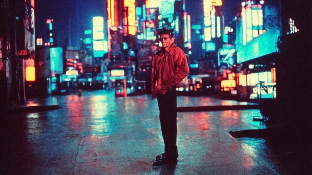 Prompt: James Dean in a cyberpunk cityscape with neon lights, Cinestill 800t film photo