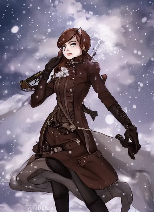 Prompt: girl with steampunk weapons and uniform, serious, intense, finely detailed, made by artgerm, full body portrait, illustration, snow, snowing, cloudy, anime, side view, perfect anime face, realistic face, zoomed out, smooth, brown eyes, high waisted shorts, sharp focus