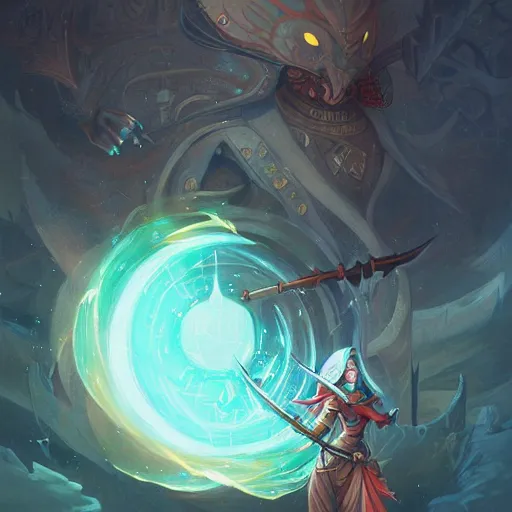 Image similar to a hooded warrior with sword surrounded by glowing spheres by peter mohrbacher