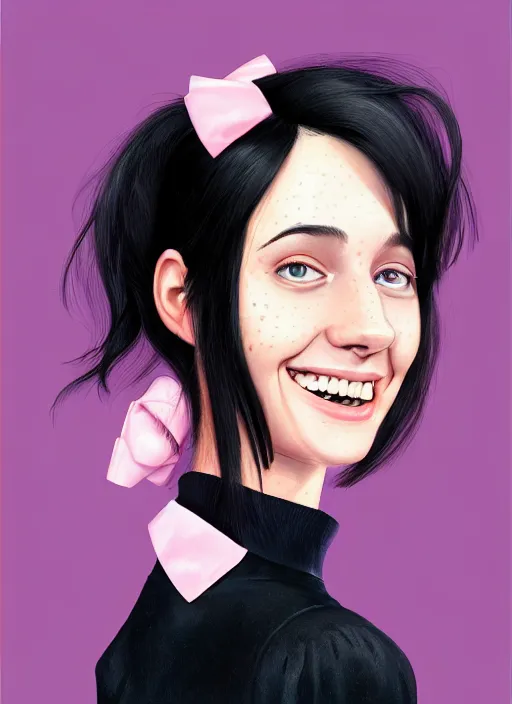 Image similar to portrait of high school girl, realistic, black hair, bangs, half updo hairstyle, pointy nose, skinny, smile, ugly, defined jawline, big chin, pink hair bow, earrings, intricate, elegant, glowing lights, highly detailed, digital painting, artstation, sharp focus, illustration, art by wlop, mars ravelo and greg rutkowski