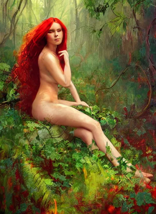 Image similar to full body portrait of a beautiful woman with fire red flowing hair, her pale body loosely clothed in vines, sitting on a bench, leaning backwards, dense foliage in the background, by Jeremy Mann, vivid colors, green hue, stylized, detailed, loose brush strokes