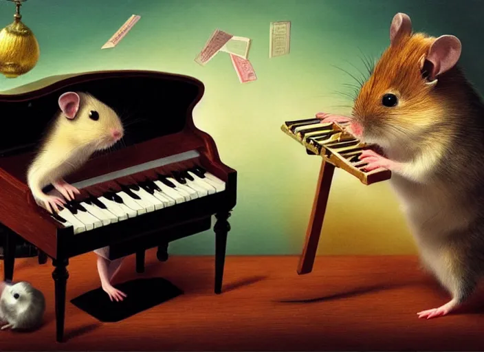 Image similar to a hamster playing piano, lowbrow in the style of camille rose garcia and mark ryden and salvador dali, 8 k, matte painting