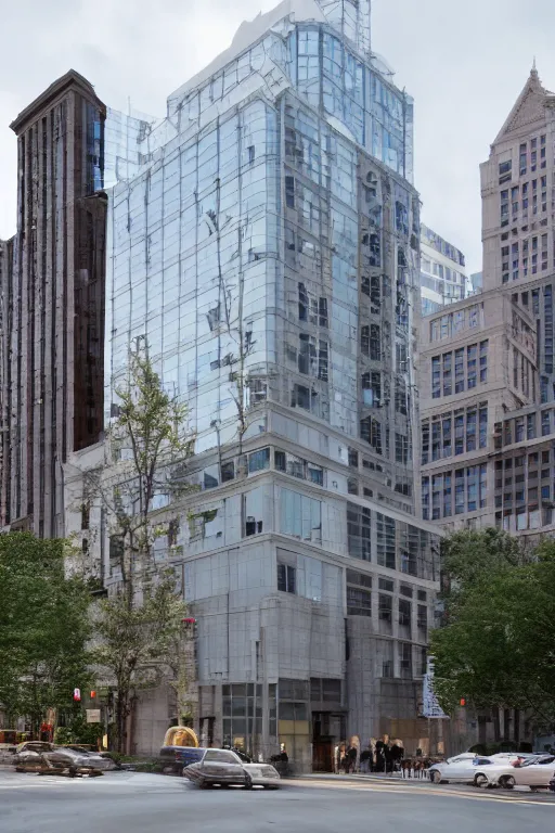 Prompt: an upscale newly constructed office building in downtown boston, photo by Annie Leibovitz