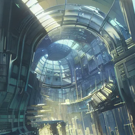 Image similar to overgrown futuristic cityscape located under a bridgeway, world seen only through a portal, daylight, cinematic perspective, cinematic lighting, blue sky, syd mead, john harris, symmetrical