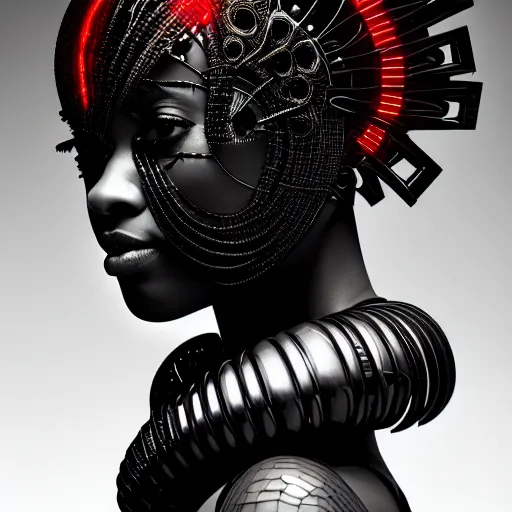 Image similar to portrait of an absurdly beautiful, graceful, sophisticated, fashionable black cyberpunk mechanoid gravure idol, hyperdetailed illustration by irakli nadar, adut akech, matt wisniewski style, intricate linework, dark black porcelain skin, jellyfish headdress, unreal engine 5 highly rendered, global illumination, red light, detailed and intricate environment