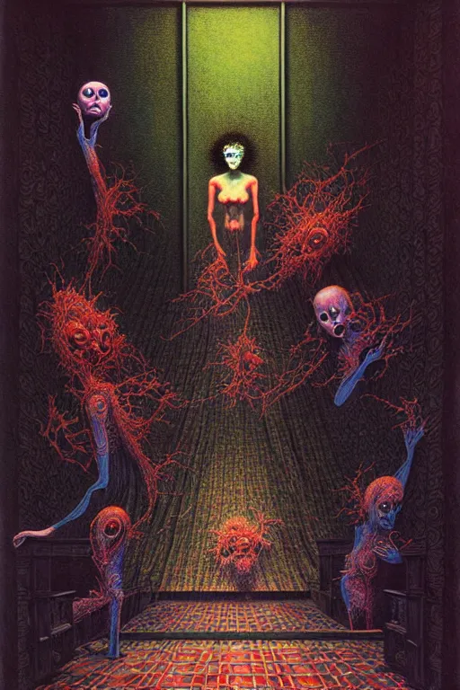 Image similar to a hyperrealistic painting of a haunted hotel lobby with scary maids and evil front desk clerk, cinematic horror by chris cunningham, lisa frank, richard corben, highly detailed, vivid color, beksinski painting, part by adrian ghenie and gerhard richter. art by takato yamamoto. masterpiece