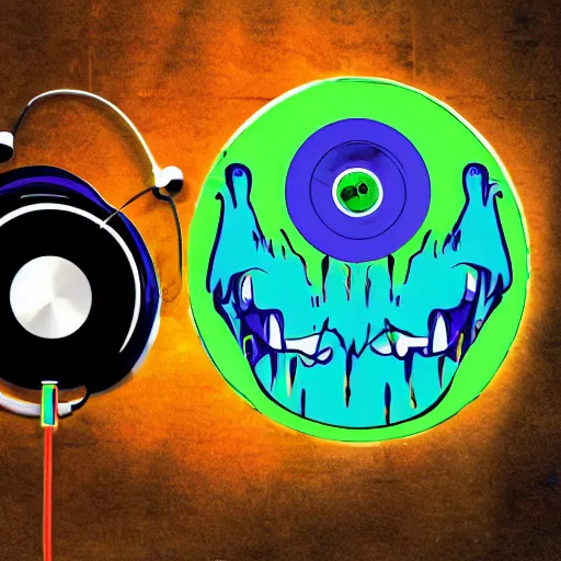 Image similar to svg sticker of a Pop-Wonder Alien-Bog-Monster-Swamp-Rat-Thunder-Coot-Racing-Fan at a rave, spinning records, giant headphones rocking out, wearing headphones, huge speakers, dancing, rave, DJ, spinning records, digital art, amazing composition, rule-of-thirds, award-winning, trending on artstation, featured on deviantart