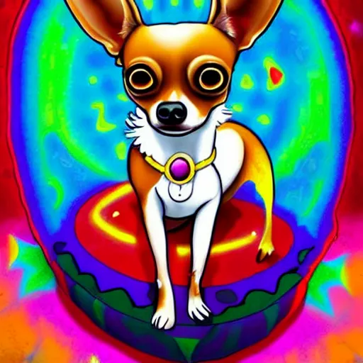 Prompt: a chihuahua with a third eye living in an extradimensional reality, in the style of goof troop, illustration, epic, realistic, hyper detailed, smooth