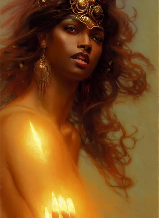 Image similar to young black woman, goddess of light, long flowing hair, smug expression, highly detailed painting by gaston bussiere, craig mullins, j. c. leyendecker 8 k