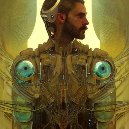 Image similar to portrait of bearded android, coy, circuitry visible in head, in the style of ex machina, karol bak, alphonse mucha, greg rutkowski, award winning, hr giger, artstation