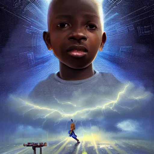 Image similar to upper half portrait of an african boy inside a group of clouds, mecha robots behind - surrounded by bolts of lightning with rays of light emanating from clouds - in drew struzan movie poster style, art by drew struzan, highly detailed, digital painting, ray tracing, illustration, smooth, sharp focus, intricate, symmetry, artstation,