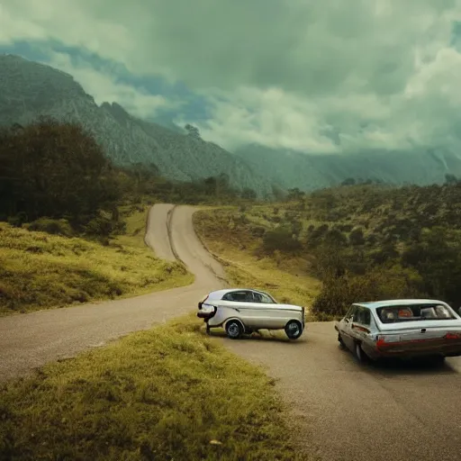 Prompt: a crossover between a Toyota Corolla and a goat driving on a mountain road, cinematic, the milky way in the sky, 35mm, cinematic, with rabbits in the grass, bicycles near the car