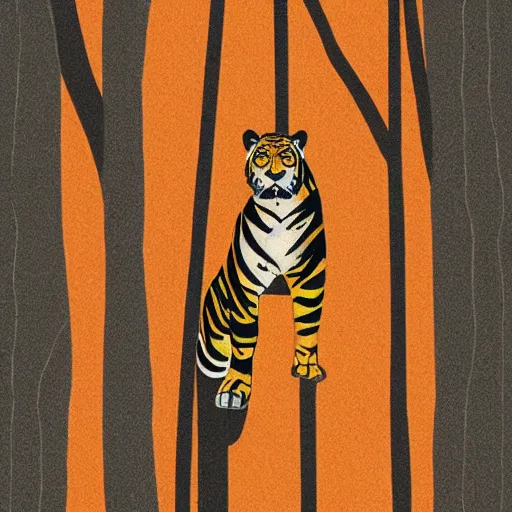 Image similar to tiger in the forest stripes orange sky palm tres sharp claws and teeth in geometric illustration style