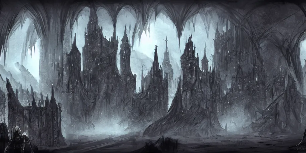 Image similar to one black gothic citadel in an underdark cavern, concept art