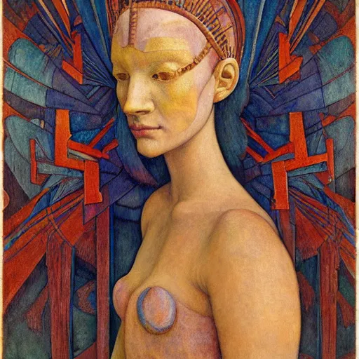 Prompt: the robot queen with her bird mask, by annie swynnerton and diego rivera and elihu vedder and jean delville, symbolist, dramatic lighting, elaborate geometric ornament, head and shoulders view, art brut, soft cool colors, smooth, sharp focus, extremely detailed, adolf wolfli, leo and diane dillon, nicholas roerich