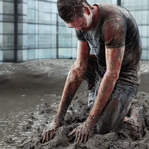 Prompt: high quality octane render of sam bankman fried with mud dripping out of his shorts whilst at the stock exchange