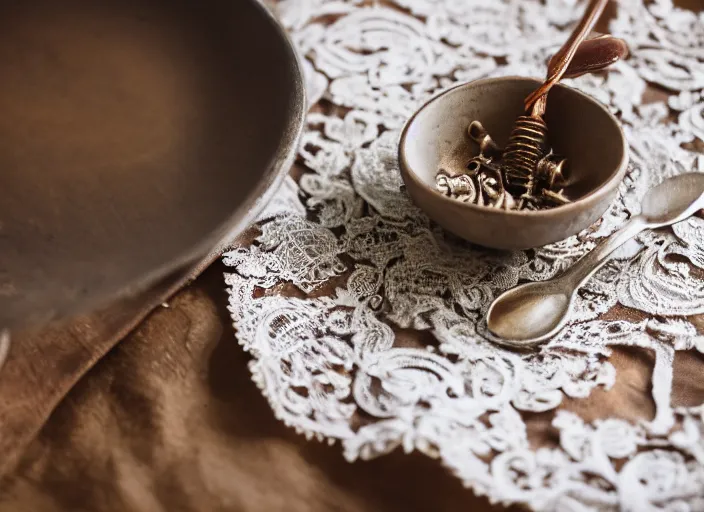 Prompt: dslr photograph of a beautiful bowl filled with rusty nails screws and bolts with a spoon next to it on a lace napkin, 8 5 mm f 1. 8