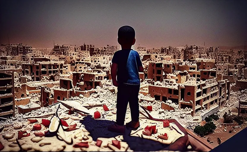 Prompt: “little boy figure lost, epic view of Hummus in Syria in destruction, sad atmosphere, ruins, heartbreaking landscape, hyperdetailed, hyperrealism, trending on artstation, award winning photograph, photorealistic, 8k, concept art, cinematographic, uhd, epic lighting”