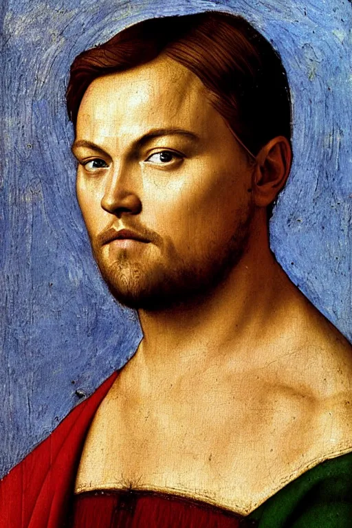 Image similar to 1 4 0 0 s renaissance portrait of leonardo dicaprio oil painting by jan van eyck, northern renaissance art, oil on canvas, wet - on - wet technique, realistic, expressive emotions, intricate textures, illusionistic detail