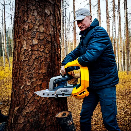 Prompt: putin with a chainsaw, cutting a tree. he wears a yellow safety helmet. canon eos r 3, f / 1. 4, iso 2 0 0, 1 / 1 6 0 s, 8 k, raw.