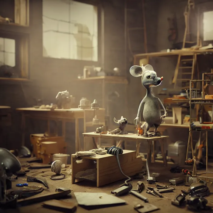 Prompt: gritty crew of workers building mouse head in small workshop, octane render, 4 k ultra hd, hyper - detailed, realistic, sharp focus, in style of beeple