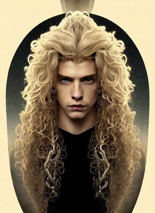Prompt: symmetry portrait of a pale blond young androgynous prince with very curly long blond curly hair, sci - fi, black steel cyborg body tech wear, glowing lights intricate, elegant, highly detailed, digital painting, artstation, concept art, smooth, sharp focus, illustration, art by artgerm and greg rutkowski and alphonse mucha