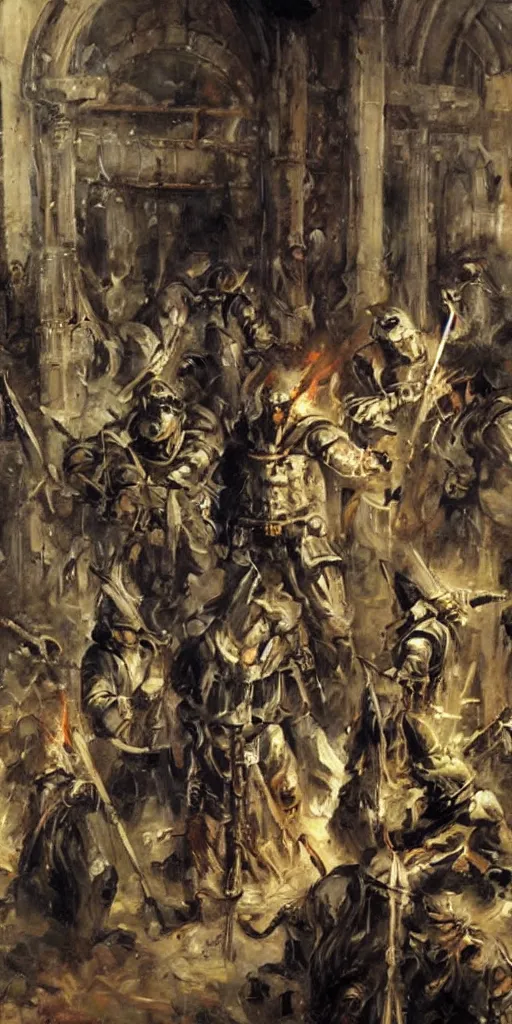 Image similar to oil painting scene from inquisition art by kim jung gi